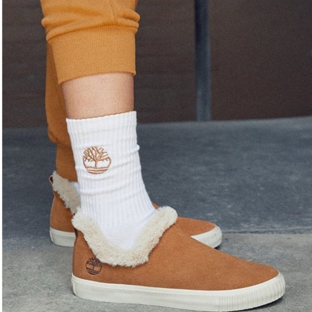 Timberland Skyla Bay Cognac Suede Slip On Sneakers with Cream Sherpa Lining 6